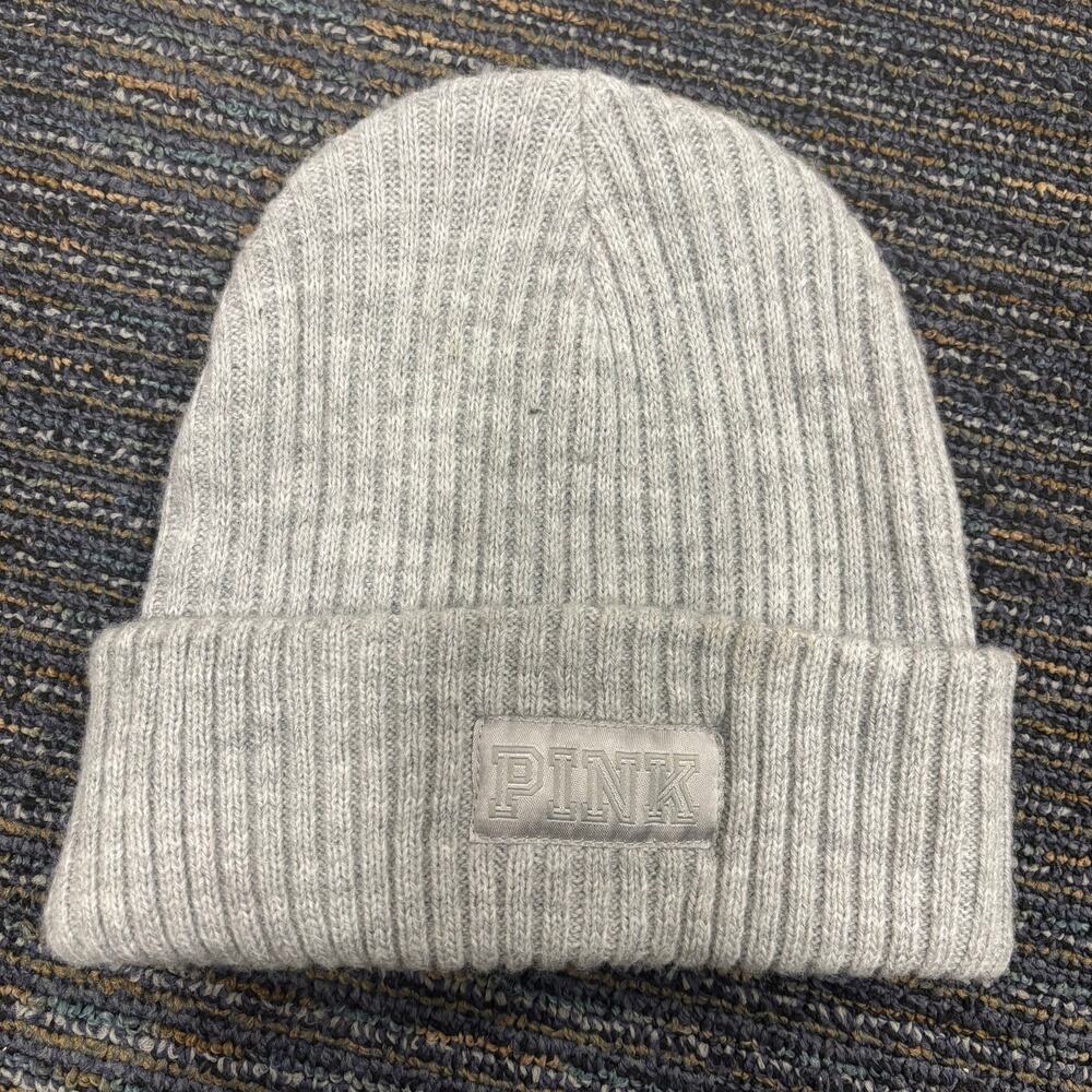 Victoria’s Secret PINK Gray Knit Beanie Cozy Ribbed Hat Glamping Gorpcore Cozy